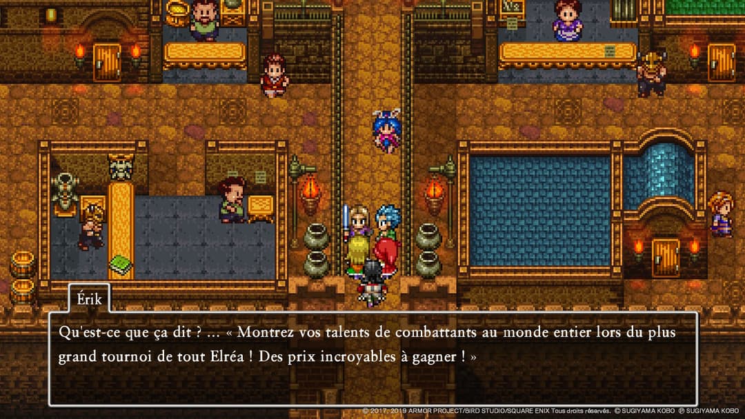 Dragon Quest XI S en mode 2D, scène intérieure avec personnages pixelisés dans une salle dorée avec dialogue à l'écran