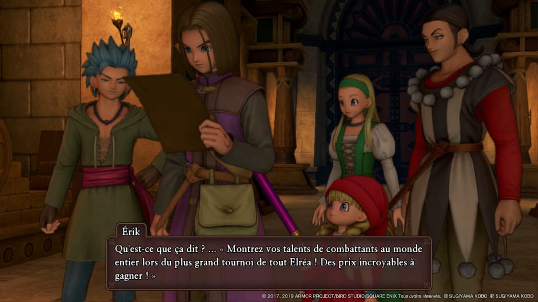 Scène en 3D de Dragon Quest XI S montrant cinq personnages dans une auberge, avec une boîte de dialogue en français d'un personnage nommé Erik