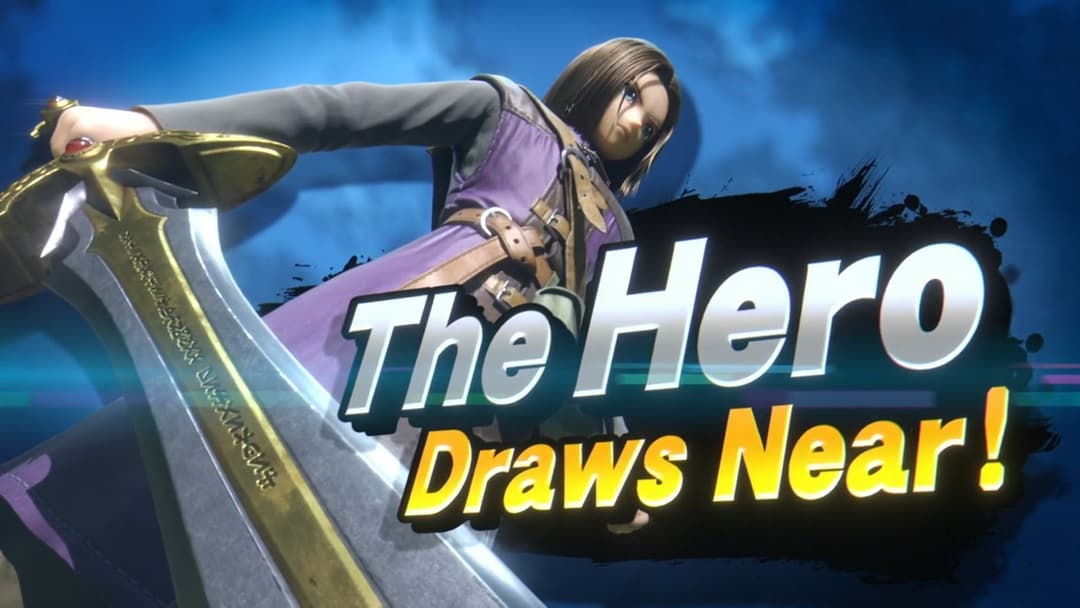 Le héros de Dragon Quest XI en costume de prince violet avec épée dorée, texte « The Hero Draws Near » sur fond bleu