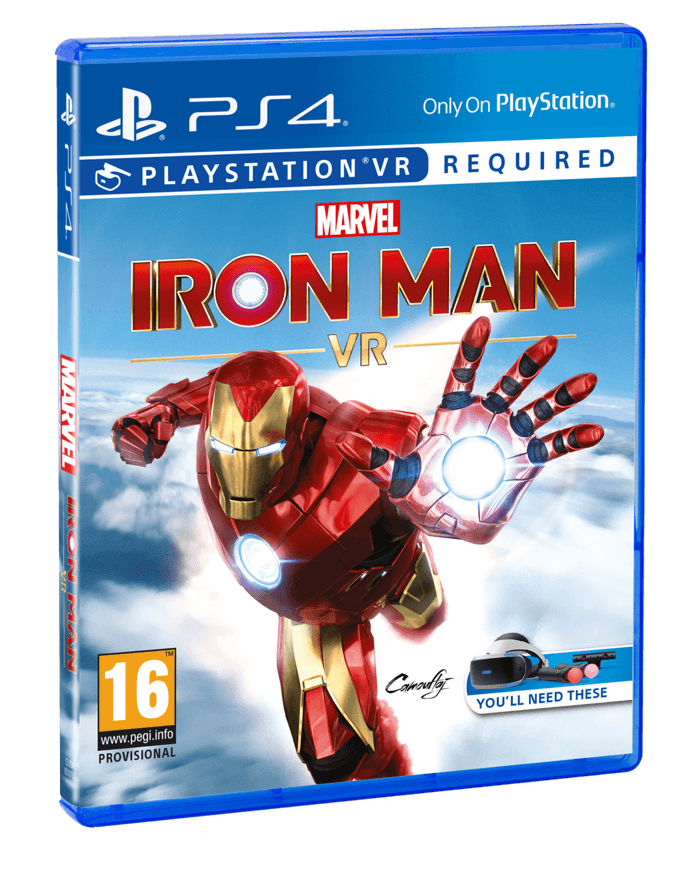 Boîtier du jeu Marvel's Iron Man VR pour PlayStation 4, montrant le héros en armure rouge et or avec la main lumineuse levée