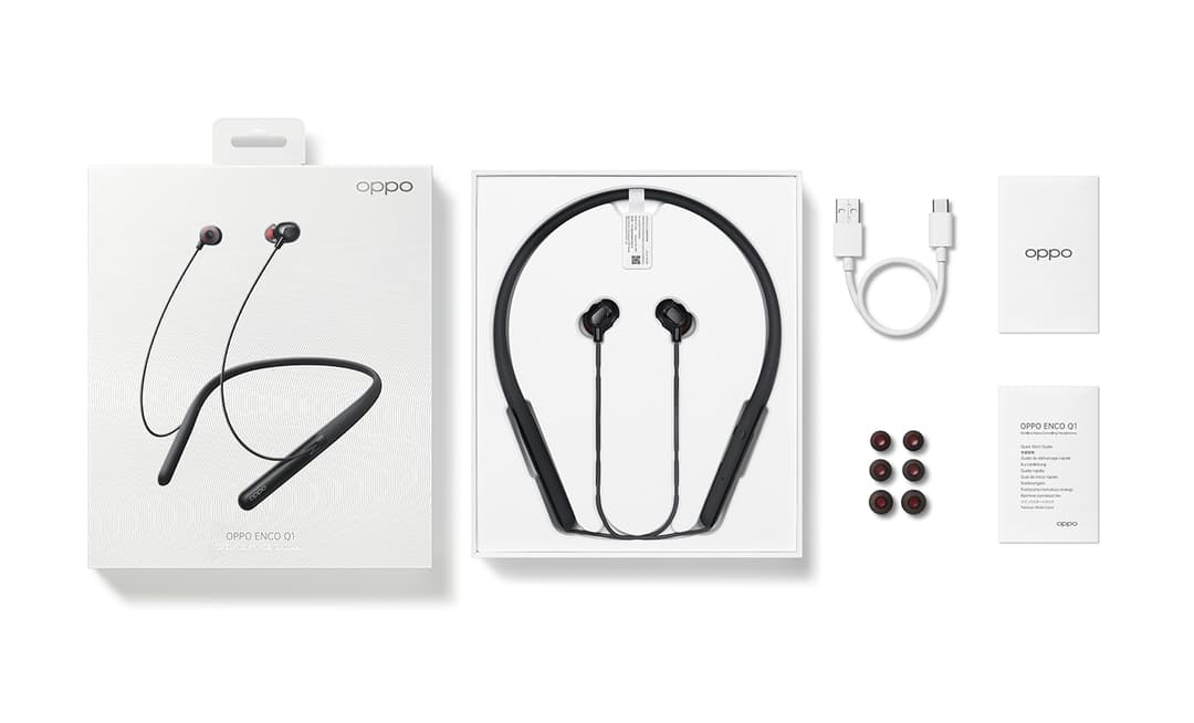 Contenu de la boîte OPPO Enco Q1 : casque sans fil à arceau avec réduction de bruit, écouteurs intra-auriculaires, câble USB-C et accessoires