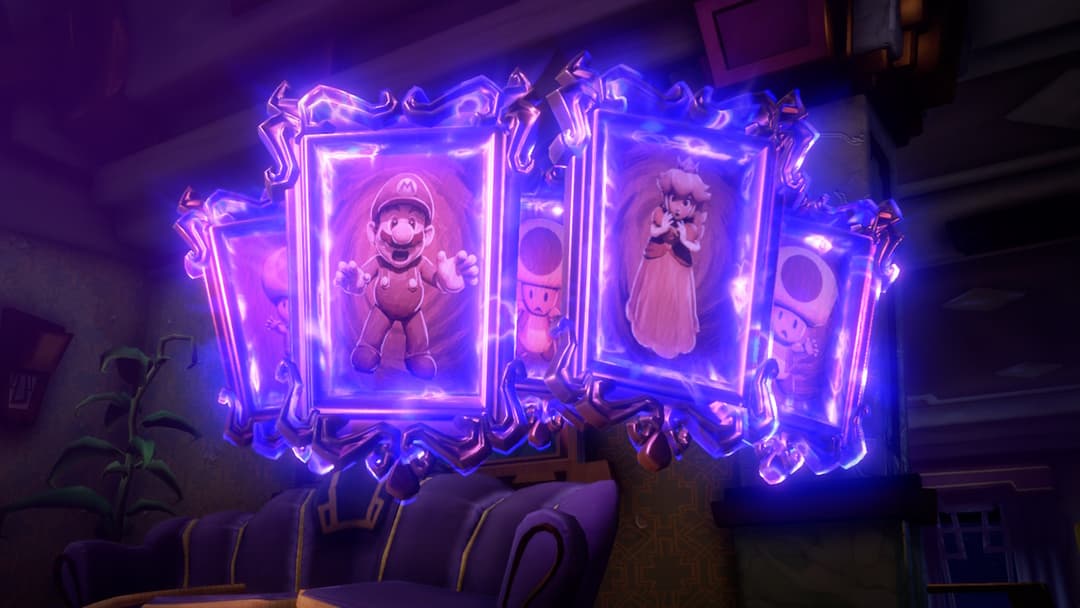 Tableau luminescent aux néons bleus et roses montrant Mario et la Princesse Peach emprisonnés, dans un hôtel hanté de Luigi's Mansion 3