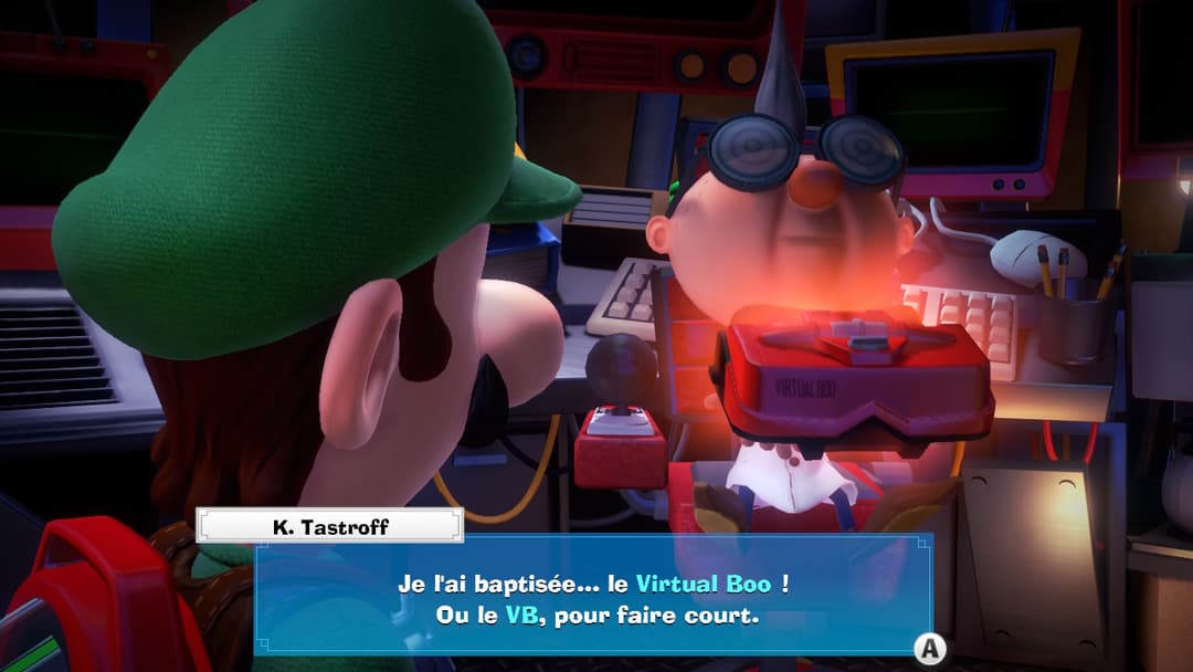 Luigi face à K. Tastroff, un fantôme rose luminescent dans un bureau encombré de Luigi's Mansion 3