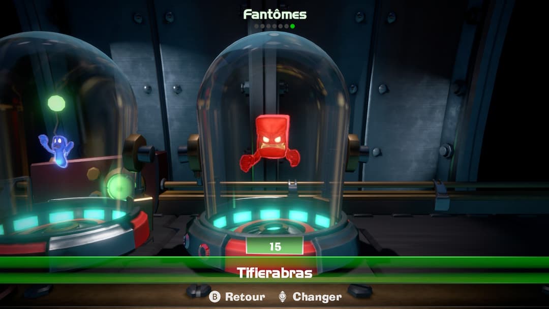 Luigi's Mansion 3, fantôme rouge enfermé sous un dôme transparent avec barre de vie affichée