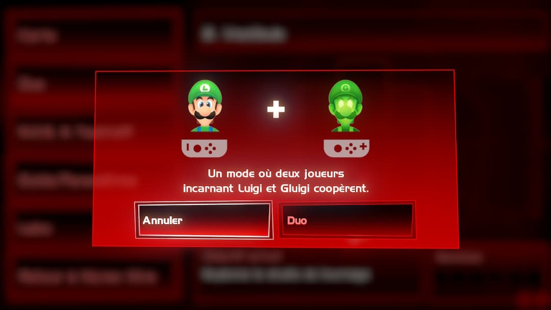 Écran de sélection du mode coopération de Luigi's Mansion 3 avec Luigi et Gluiji face à face et deux manettes de contrôle