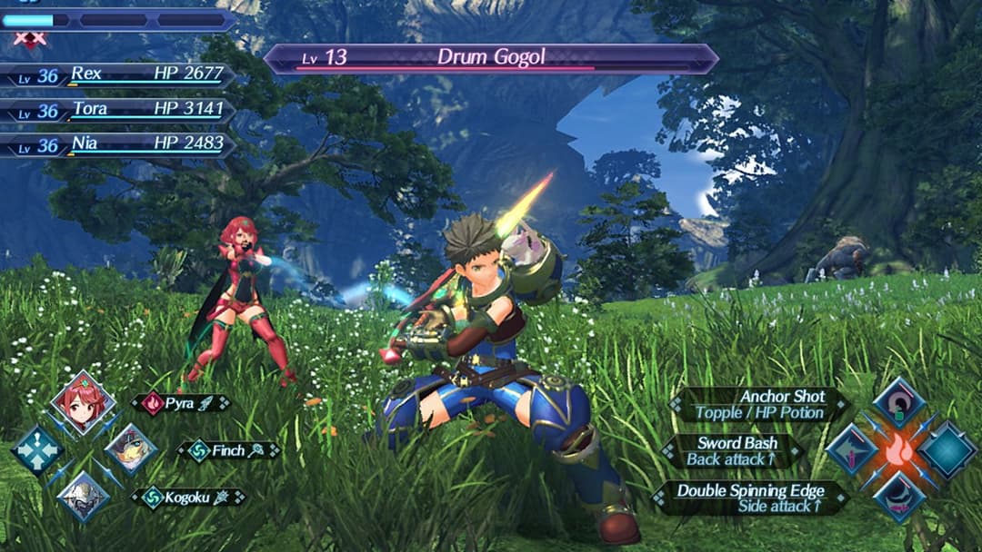 Combat de Xenoblade Chronicles 2 avec le personnage Rex affrontant l'ennemi Drum Gogol dans un paysage verdoyant, interface de combat visible