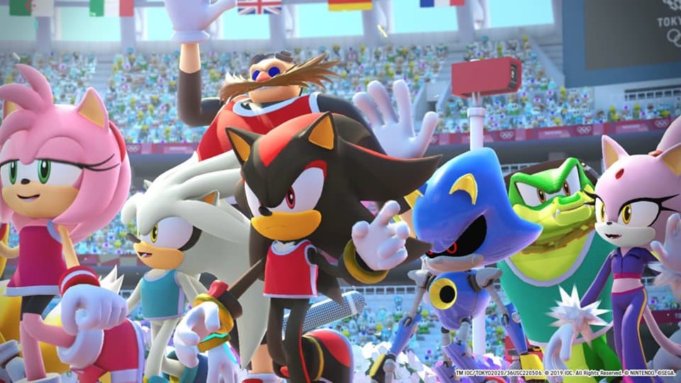 Sonic et ses compagnons dans un stade olympique lors d'une compétition sportive aux Jeux Olympiques