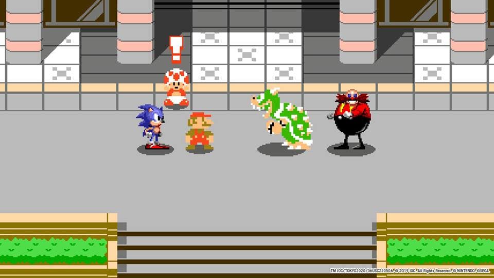 Sonic, Mario, Yoshi et un personnage noir en style pixel art sur une arène de jeu vidéo