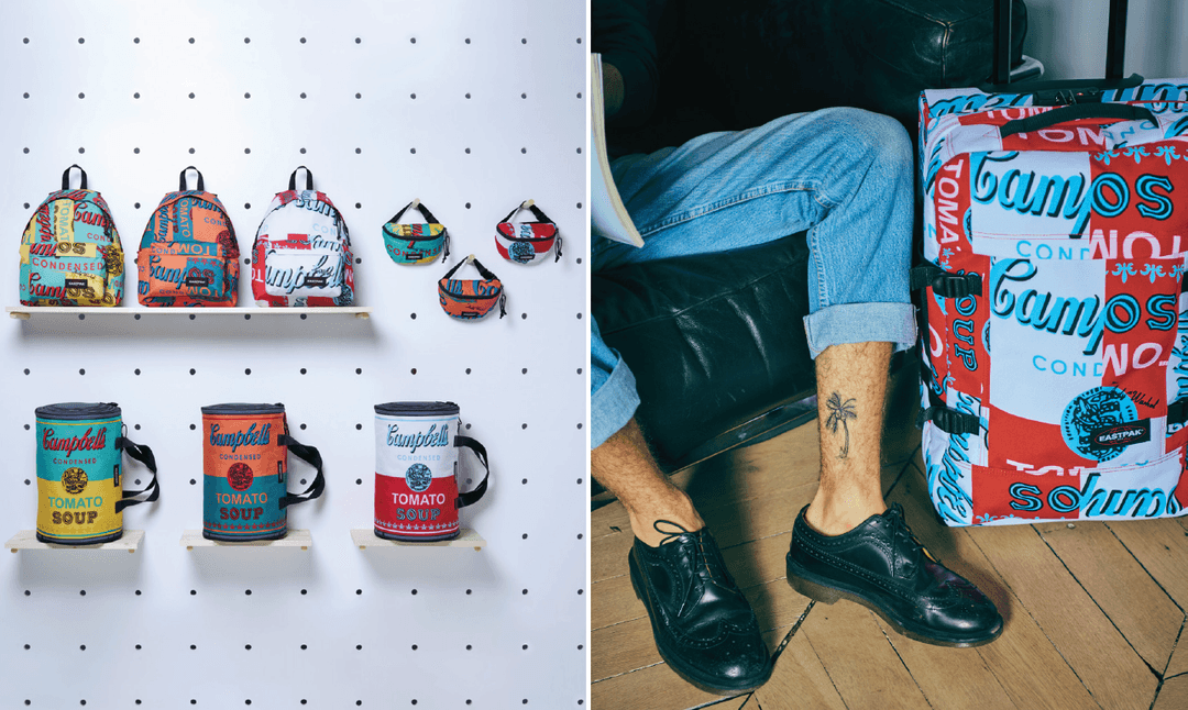 Sacs Eastpak aux motifs colorés Andy Warhol et accessoires assortis exposés, avec photo d'homme portant un sac noir