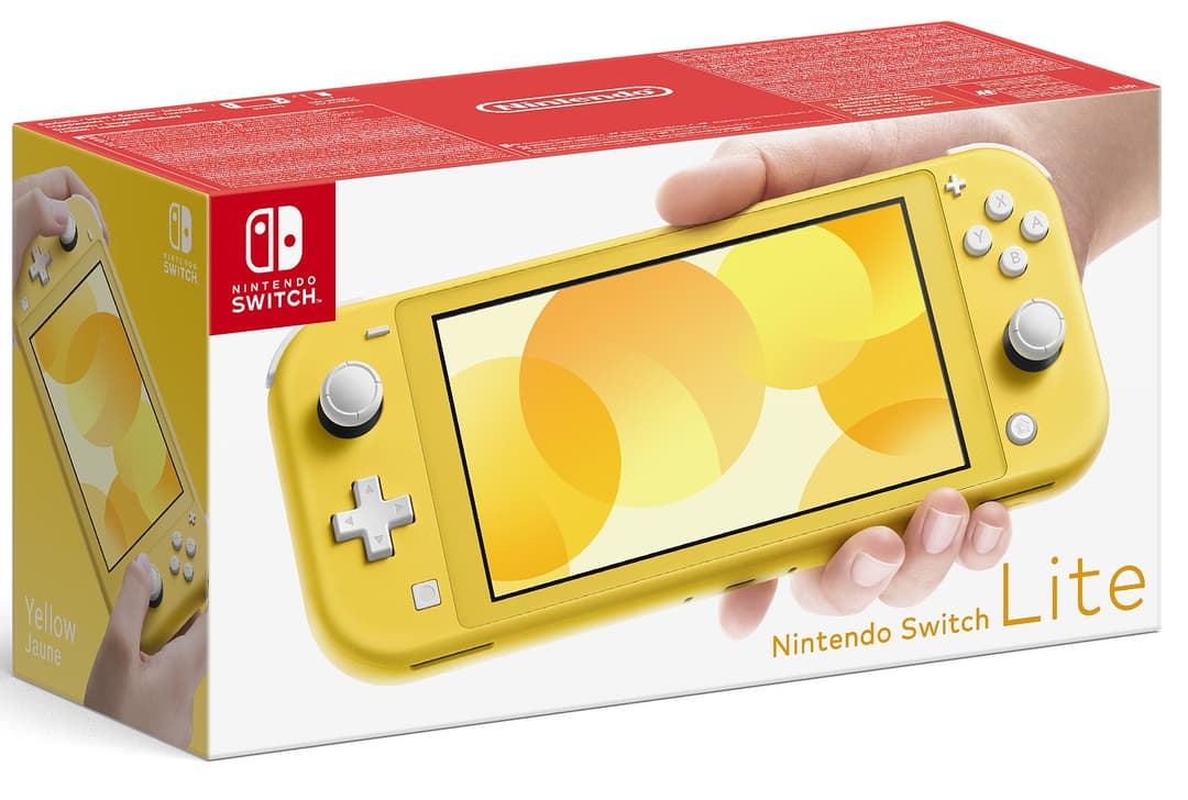 Nintendo Switch Lite jaune tenue en main, écran affichant des formes colorées, boîtier rouge et jaune