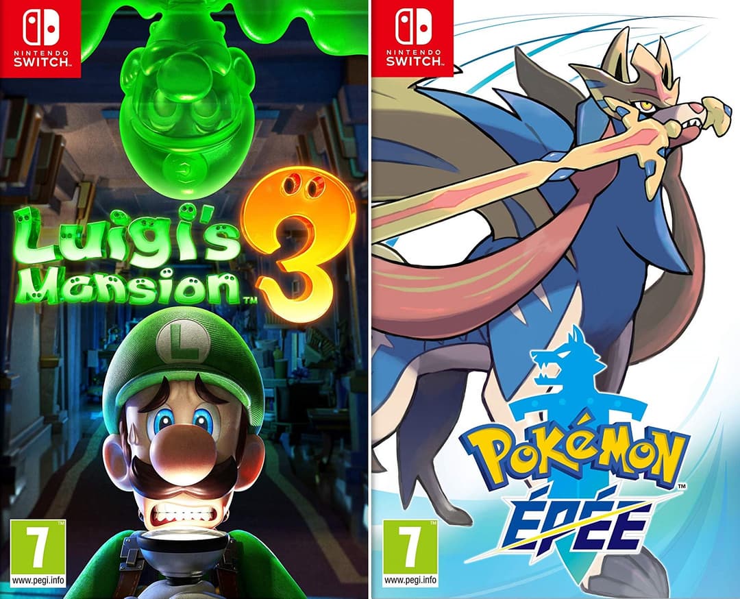 Affiches des jeux Luigi's Mansion 3 et Pokémon Épée pour Nintendo Switch, avec logo Nintendo Switch