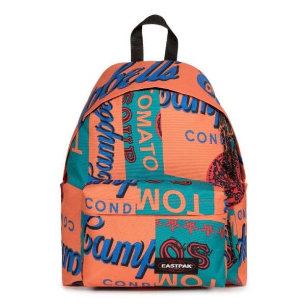 Sac à dos Eastpak Padded Pak'r motif Andy Warhol, orange et bleu, avec texte Campbell's Soup Can et poignées noires