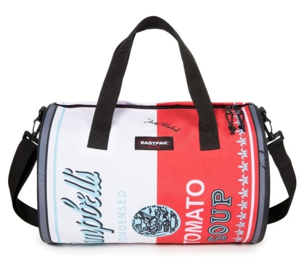 Sac de voyage Eastpak Duffle Can Andy Warhol aux motifs rouge et blanc, design inspiré de la célèbre soupe Campbell