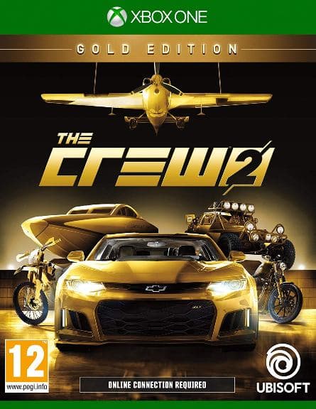 Jeu The Crew 2 Gold Edition pour Xbox One, avec voiture de sport dorée, avion et motocyclettes
