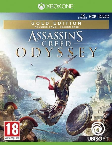 Jaquette du jeu vidéo Assassin's Creed Odyssey Gold Edition pour Xbox One, montrant un personnage en tenue antique en train de sauter