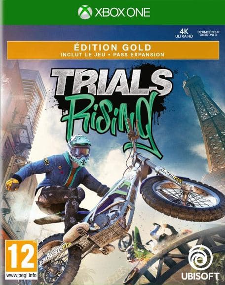 Jeu vidéo Trials Rising Gold Edition pour Xbox One, montrant un motard en équilibre sur une moto acrobatique en milieu urbain