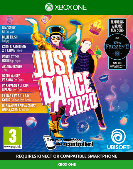 Boîtier du jeu Just Dance 2020 pour Xbox One, avec des danseurs colorés et la liste des artistes en vedette