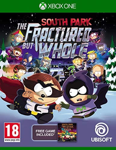 Jaquette du jeu South Park: The Fractured But Whole sur Xbox One, avec les personnages principaux de la série et le logo Ubisoft