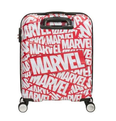 Valise American Tourister Wavebreaker 55 cm avec motifs Marvel en rouge et blanc, poignée rétractable et roulettes doubles