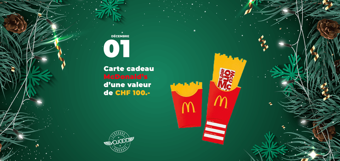 Jour 1 du calendrier de l'Avent: Carte cadeau McDonald's de 100 francs, emballages rouge et or sur fond vert de Noël