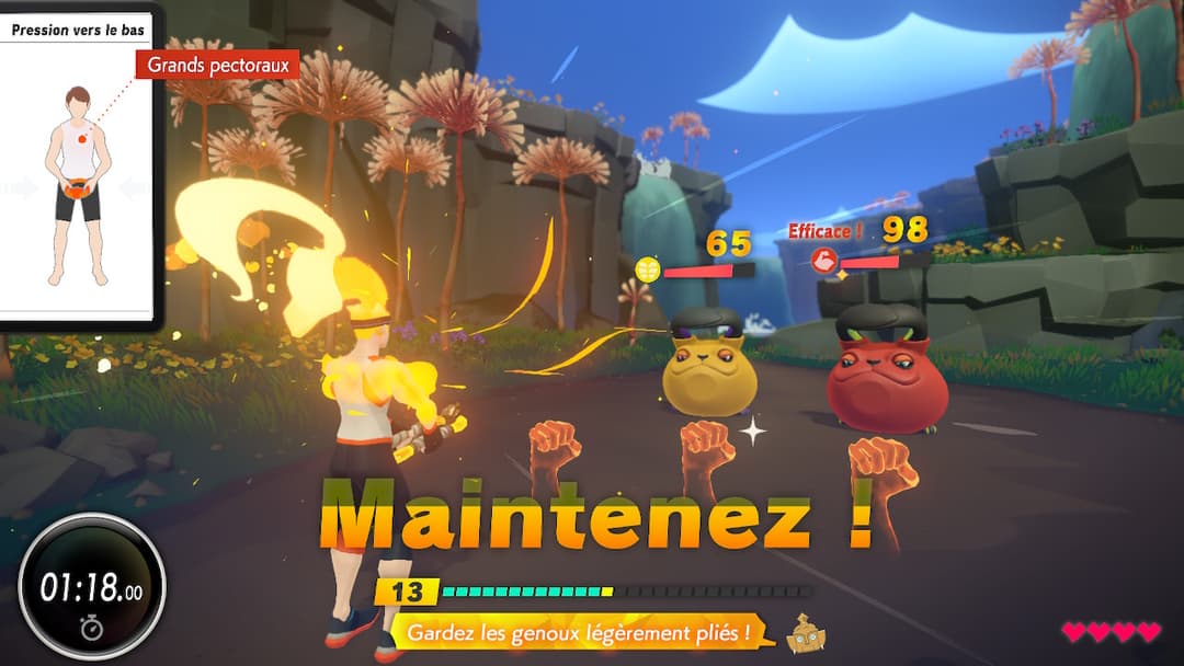 Gameplay de Ring Fit Adventure montrant un personnage en combat contre des ennemis représentés par des accessoires de sport, avec interface d'exercice et barres de vie affichées