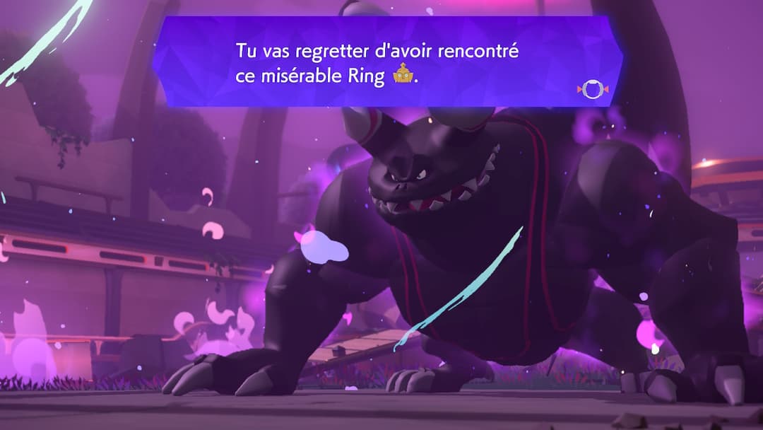 Capture d'écran de Ring Fit Adventure montrant un boss ennemi noir menaçant dans un décor violet et rose