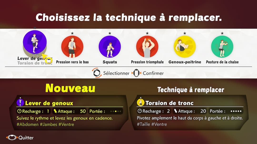 Interface de jeu Ring Fit Adventure proposant plusieurs techniques d'exercices à effectuer : levers de genoux, squats, pression triomphale et posture de chaise