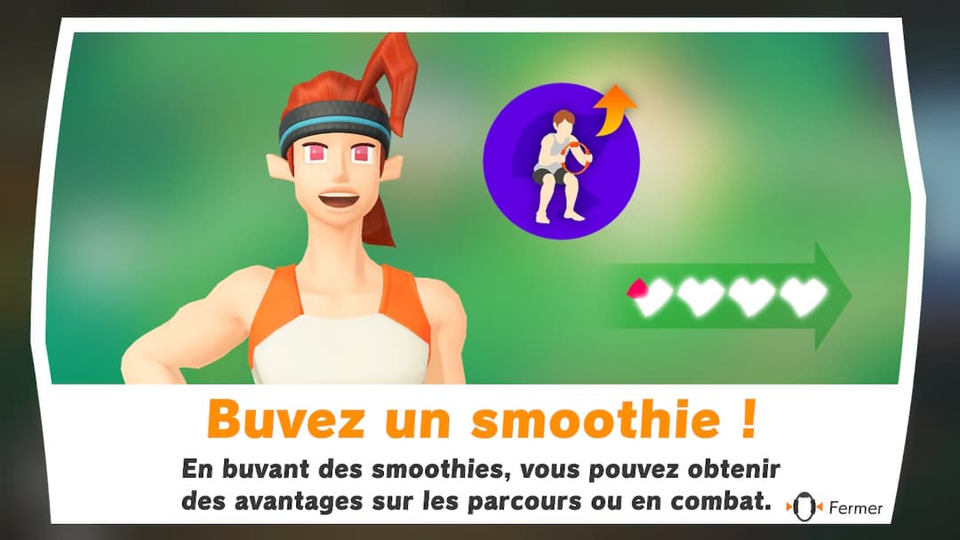 Écran de jeu Ring Fit Adventure montrant un personnage avec une barre de vie en cœurs et un exercice de squats en cercle violet