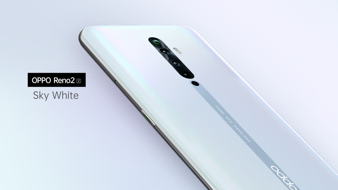 Smartphone OPPO Reno2 Z blanc vu de dos, avec bloc photo carré et module caméra noir