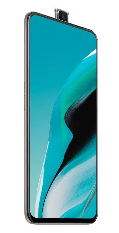 Smartphone OPPO Reno2 Z gris avec écran turquoise affichant un motif géométrique ondulé, appareil photo relevable en haut