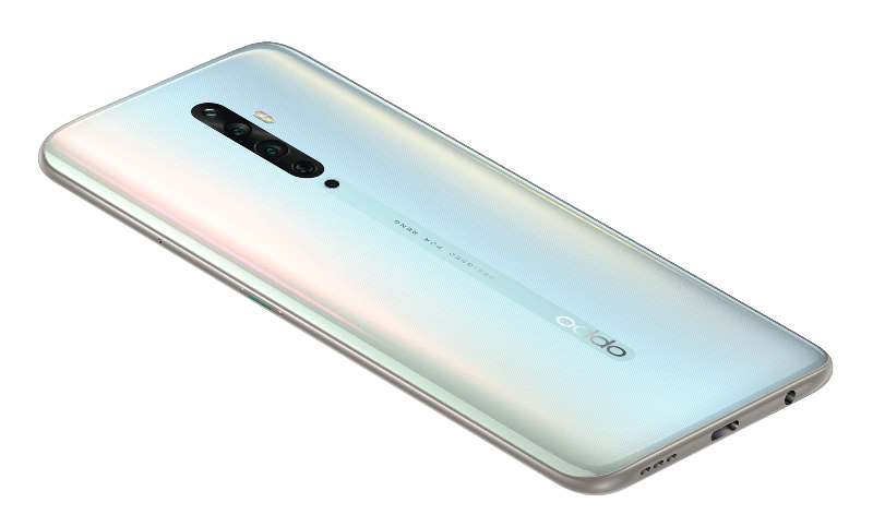 Smartphone OPPO Reno2 Z blanc irisé vue de dos, avec module de caméra triple proéminent