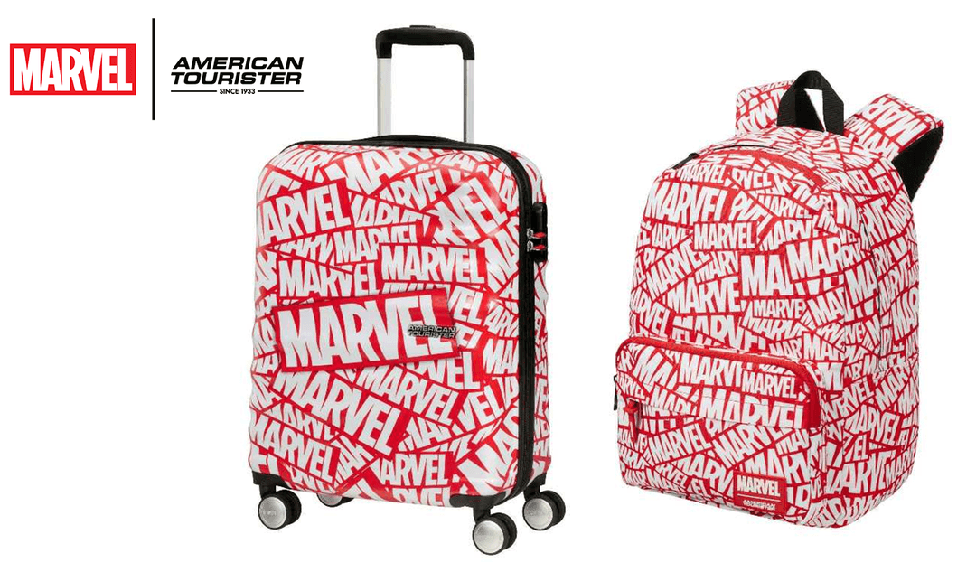 Valise American Tourister 55cm à 4 roues et sac à dos assortis, rouge et blanc, imprimés du logo Marvel répété