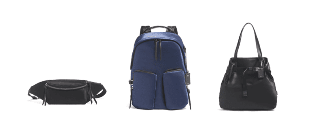 Trois sacs TUMI de la collection Printemps/Été 2020 : le Starr Sling noir, le sac à dos bleu marine et le Hope Tote noir