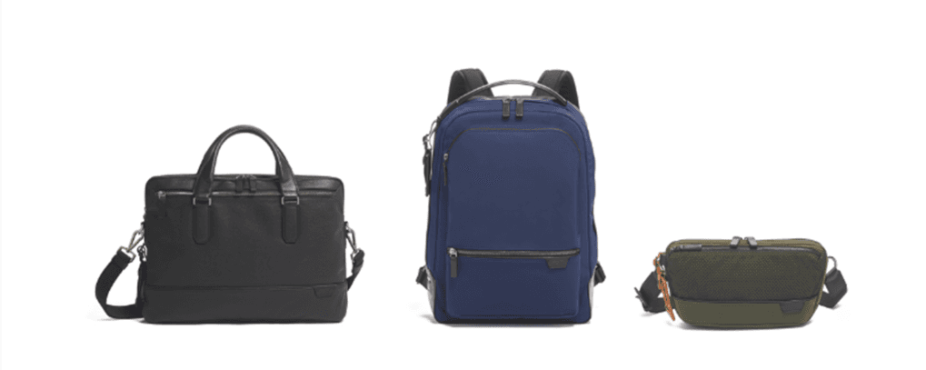 Trois sacs TUMI de la collection Printemps/Été 2020 : un cartable noir, un sac à dos bleu marine et une sacoche verte