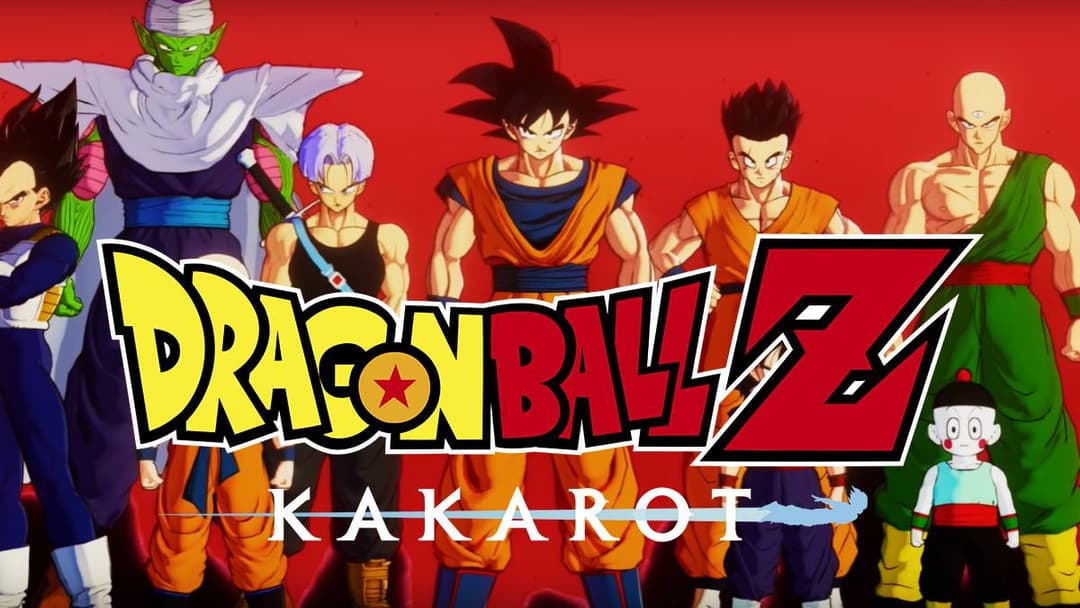 Logo Dragon Ball Z Kakarot avec plusieurs personnages de la série alignés sur fond rouge