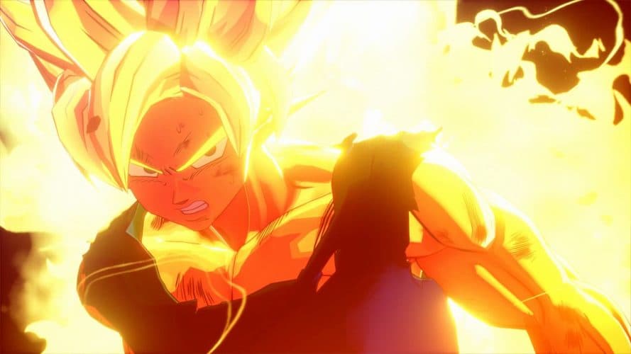 Capture d'écran de Dragon Ball Z: Kakarot montrant un personnage aux cheveux blonds dressés en position de combat dans une explosion de lumière jaune et orange