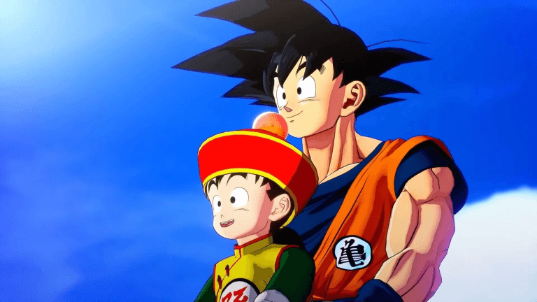 Son Goku et Son Gohan face à face sur fond bleu dans Dragon Ball Z : Kakarot