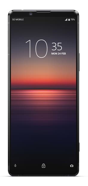 Sony Xperia 1 II affichant l'heure 10:35 avec un écran de verrouillage au coucher de soleil sur fond noir