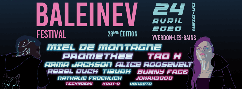 Affiche du Baleinev Festival, 28e édition, 24 avril 2020 à Yverdon-les-Bains, avec noms d'artistes en néon sur fond noir et illustrations colorées