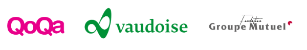 Logos de QoQa en rose, Vaudoise assurances en vert et Groupe Mutuel en gris, partenaires de l'initiative DireQt