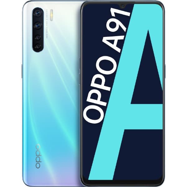 OPPO A91 blanc et bleu ciel, vue de face et de dos, affichant l'écran avec logo et design du téléphone fin et léger