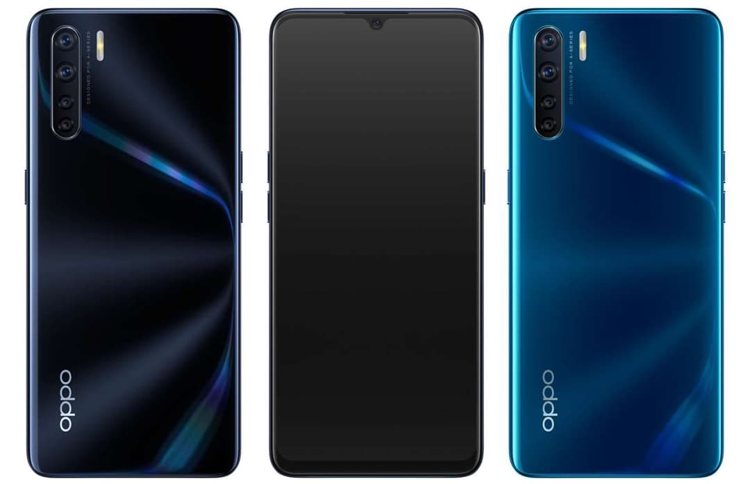 OPPO A91 en trois coloris : noir minuit, noir et bleu océan, avec écran allumé au centre