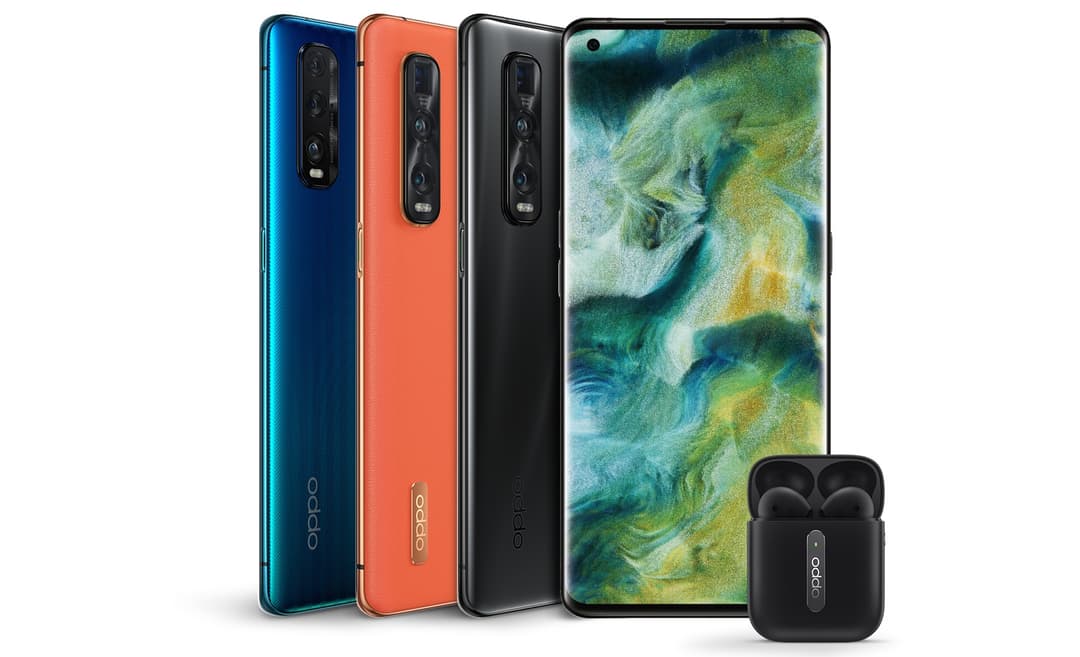 OPPO Find X2 Pro en trois coloris bleu, orange et noir, avec écran affichant des motifs aquatiques, et écouteurs sans fil noirs