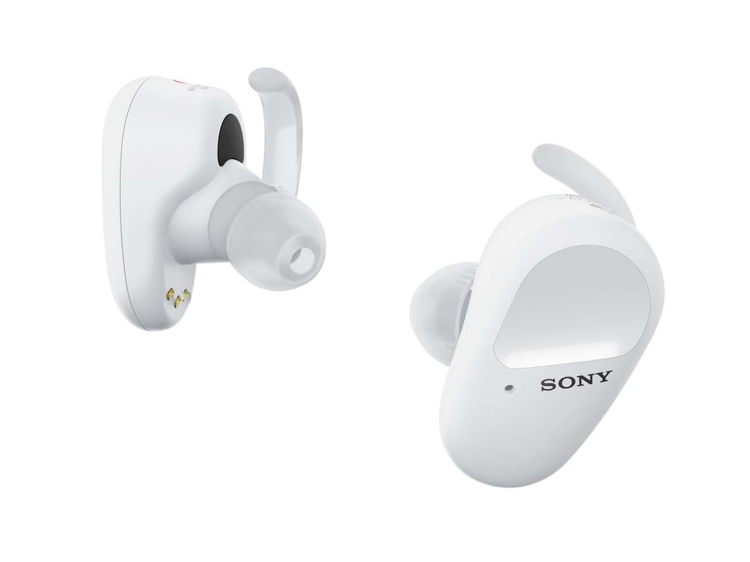 Écouteurs sans fil Sony WF-SP800N blancs, présentés de deux angles différents, avec arceau de maintien