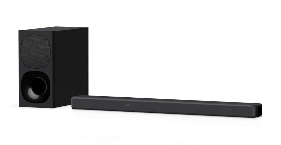 Barre de son Sony HT-G700 noire avec caisson de basses accompagnant, vue de profil