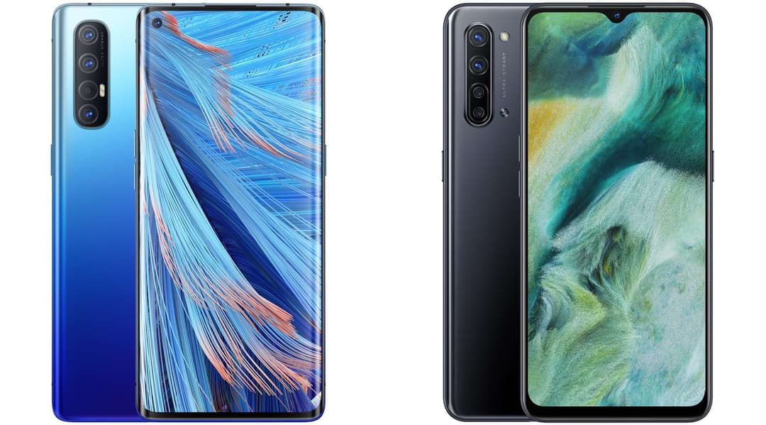 OPPO Find X2 Neo bleu dégradé et OPPO Find X2 Lite noir, affichant leurs écrans respectifs avec motifs abstraits colorés