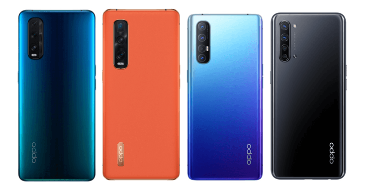 Quatre smartphones OPPO Find X2 alignés, aux coloris bleu, orange, bleu dégradé et noir, affichant leur module de caméra vertical