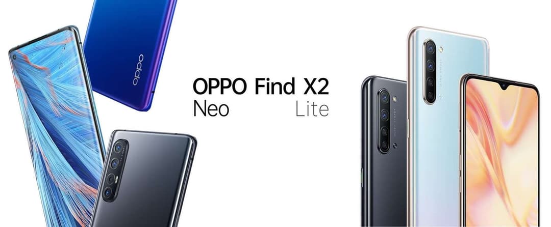 Trois smartphones OPPO Find X2 affichés en bleu, noir et blanc, avec leurs écrans et modules photo visibles