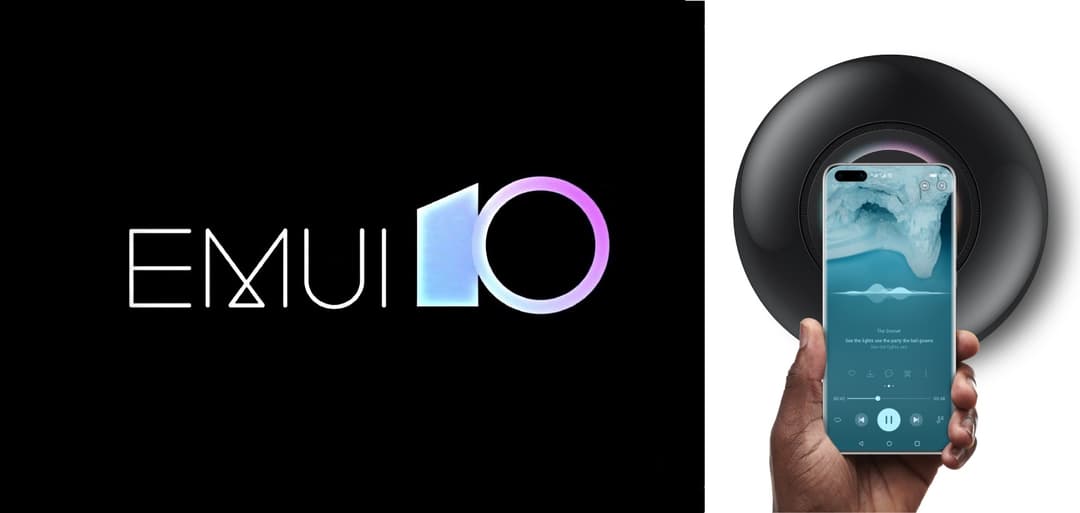Logo EMUI 10 en bleu et rose sur fond noir, et main tenant un smartphone Huawei affichant une interface musicale