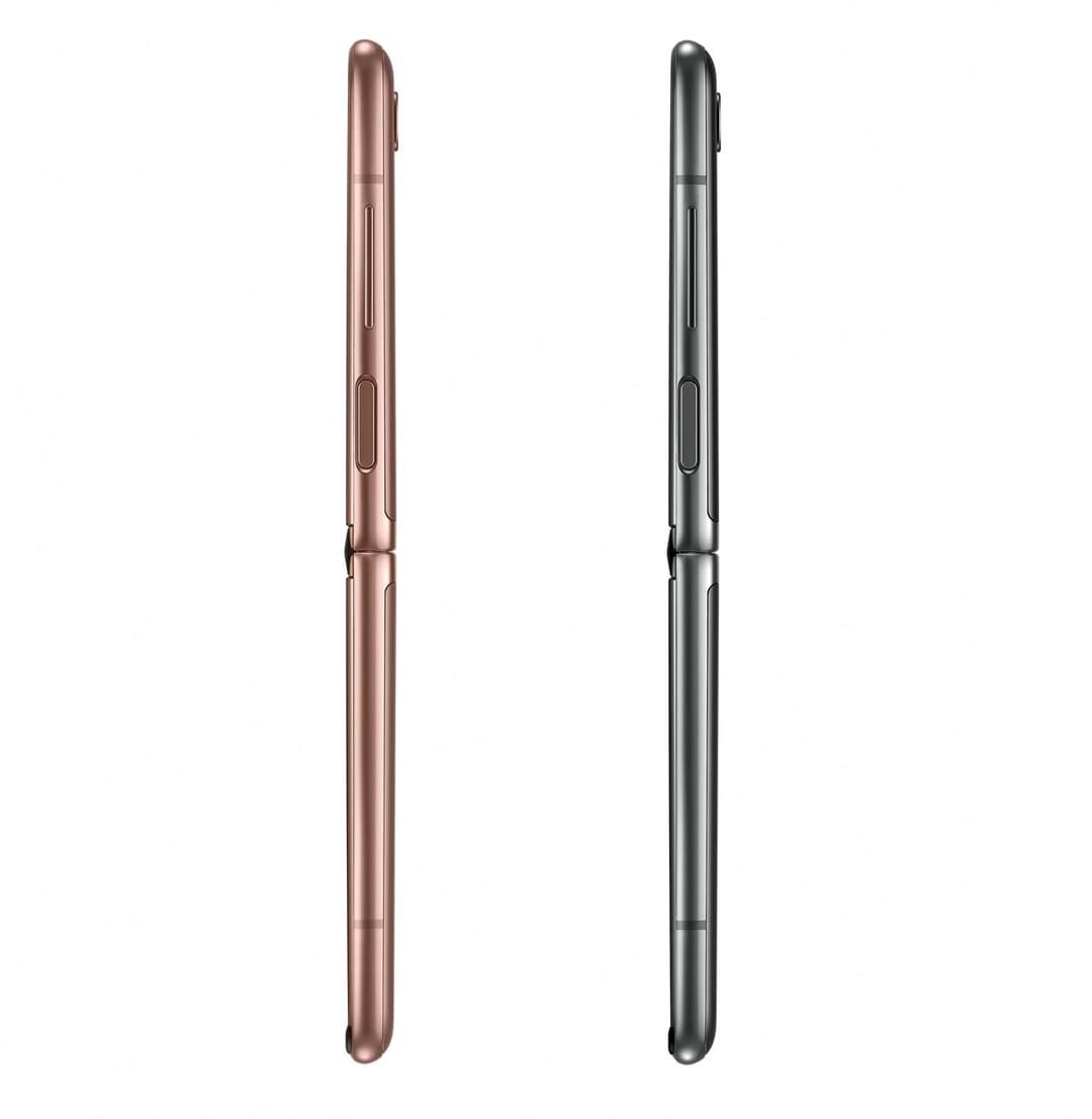 Samsung Galaxy Z Flip 5G fermé, présenté de profil en deux coloris : bronze et noir